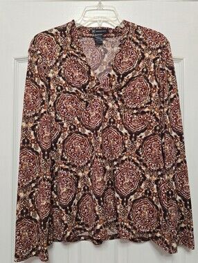 I.N.C International Concepts V Neck Top - Red/Gold, size Large